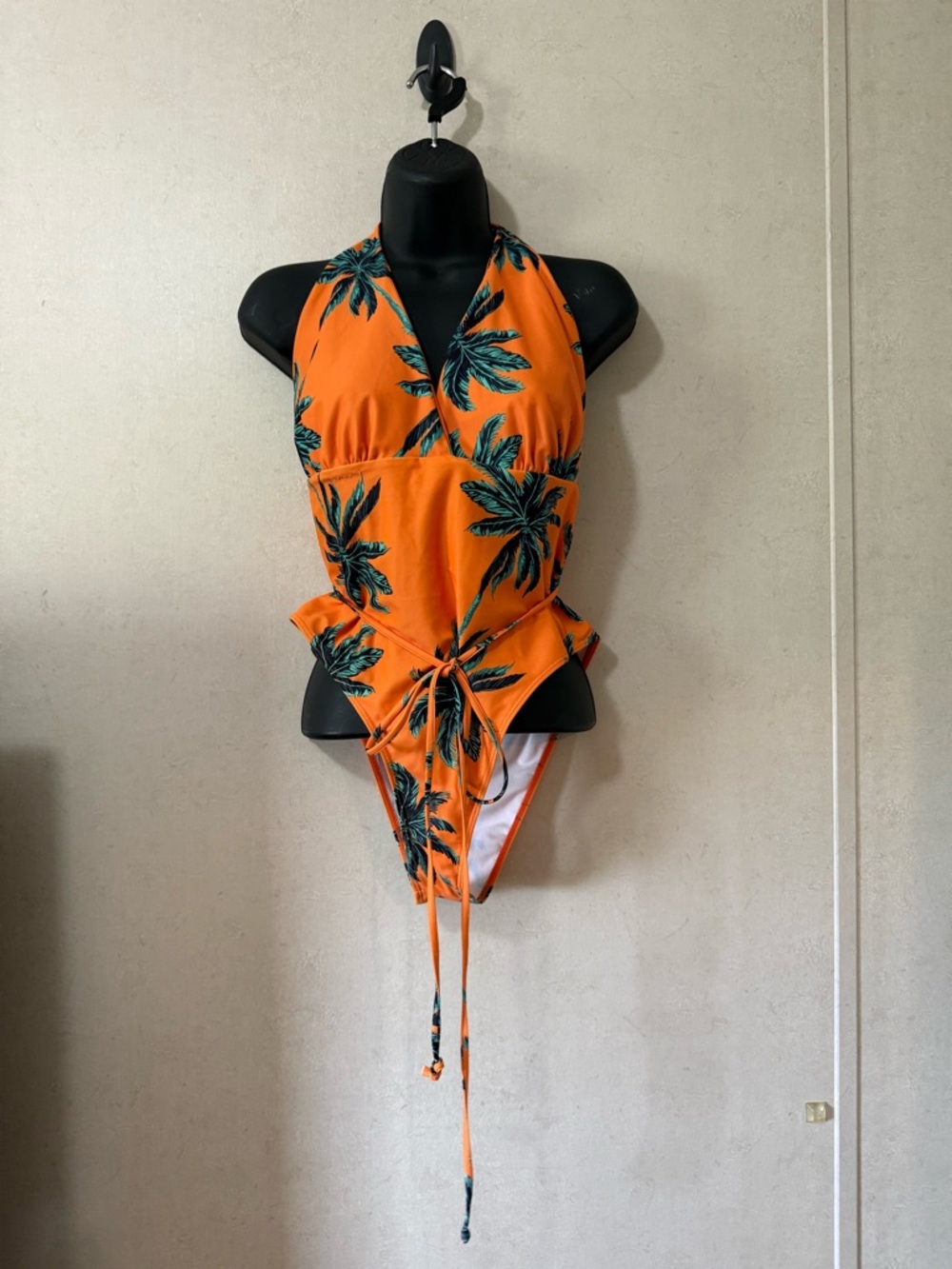 Orange Tropical Palm One-Piece Swimsuit | Tie Waist | Plunge Neck | Size L